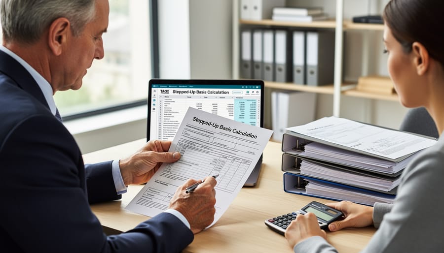Person in a home office carefully reviewing notes with an open laptop nearby.