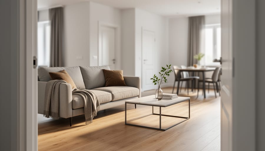 “Designer-style staged living room with neutral furniture, styled coffee table, and soft natural light in a ready-to-list home.”