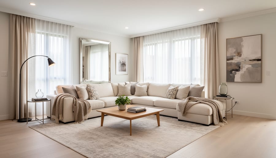 Staged living room with neutral furniture, layered rug, framed artwork, and soft lighting