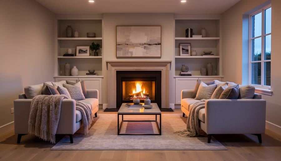 Staged living-room fireplace with glowing embers, neatly stacked logs, fireplace tools, and tasteful mantel décor