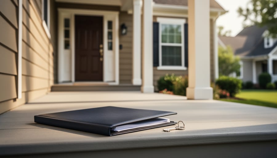 Inheritance documents and a house key placed on a porch step in front of a sunlit home, representing step-up basis when selling inherited property.