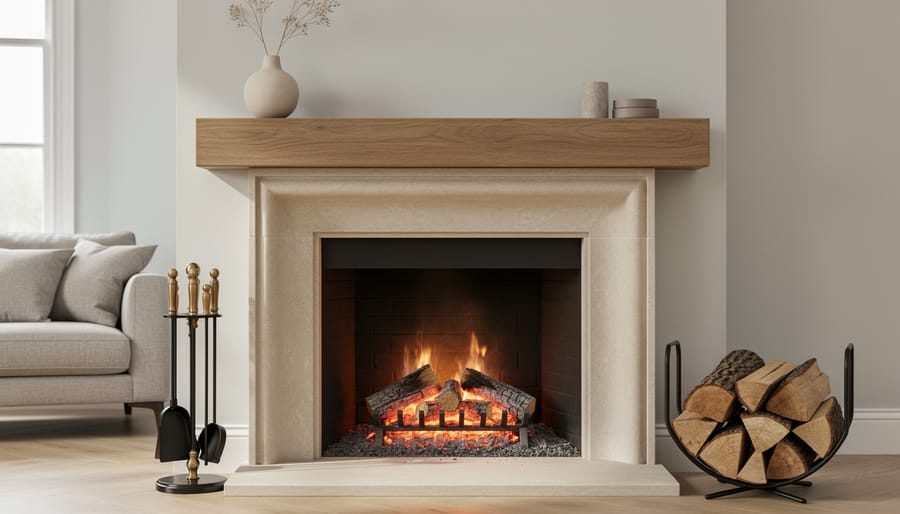 Staged living-room fireplace with glowing embers, neatly stacked logs, and tasteful mantel decor creating a warm focal point