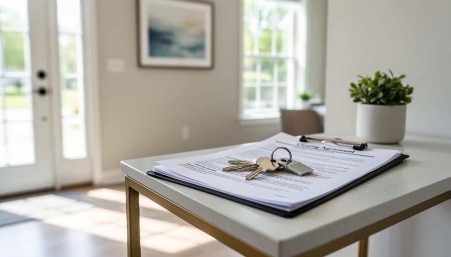 Co-owners holding a house key while standing in a sunlit empty living room doorway.