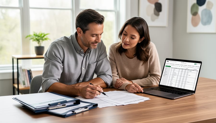 Adults sitting around a table reviewing deed and tax documents related to inherited property.