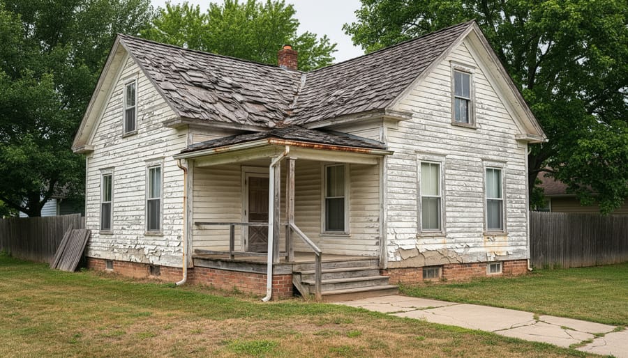 Historic older house exterior with weathered siding and an aged shingled roof