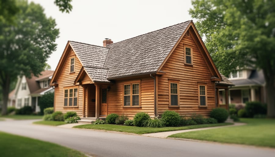 Exterior view of a historic older home with a weathered roof and wood siding under soft natural daylight.