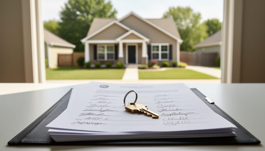 A house exterior with a key placed on legal paperwork inside an open folder, symbolizing the process of selling inherited property with multiple owners.