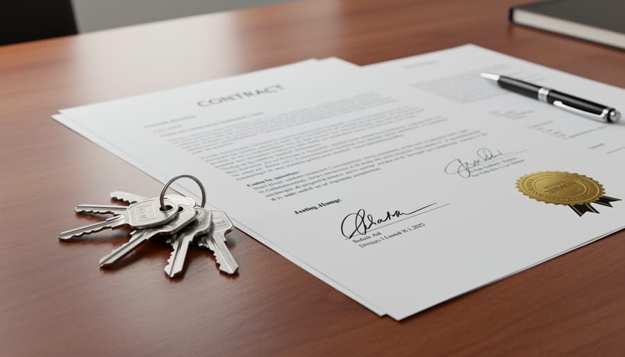Close-up of keys and an inherited property title document on a wooden table.