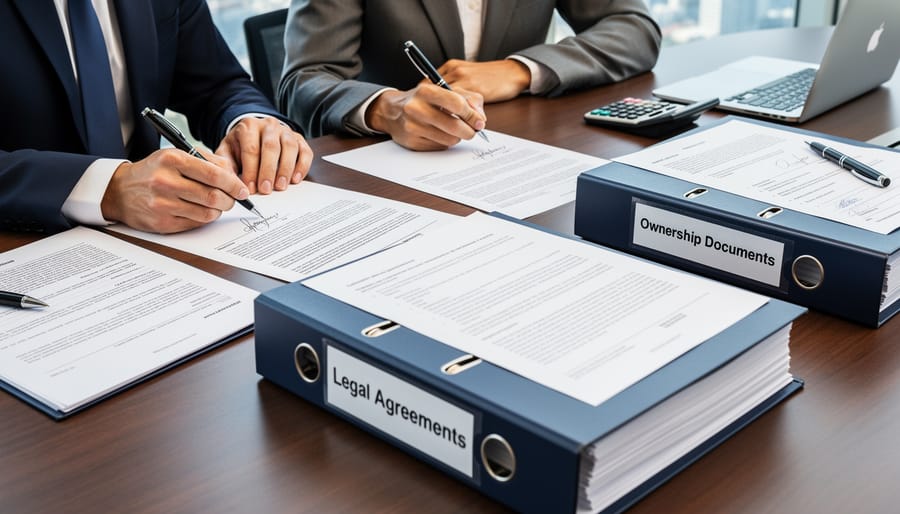 Close view of an open legal binder and uncapped pen on a desk, suggesting formal paperwork for co-owner agreements.