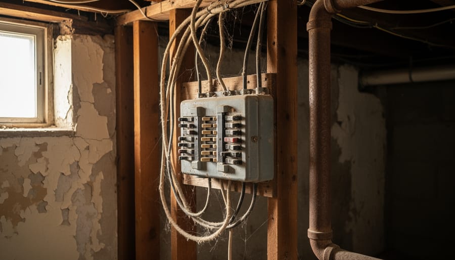 Close view of an electrical panel and older wiring components in a basement