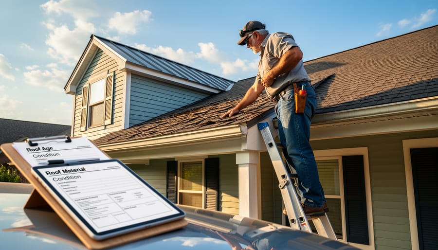 Roofer inspecting a slate-and-shingle roof during golden hour