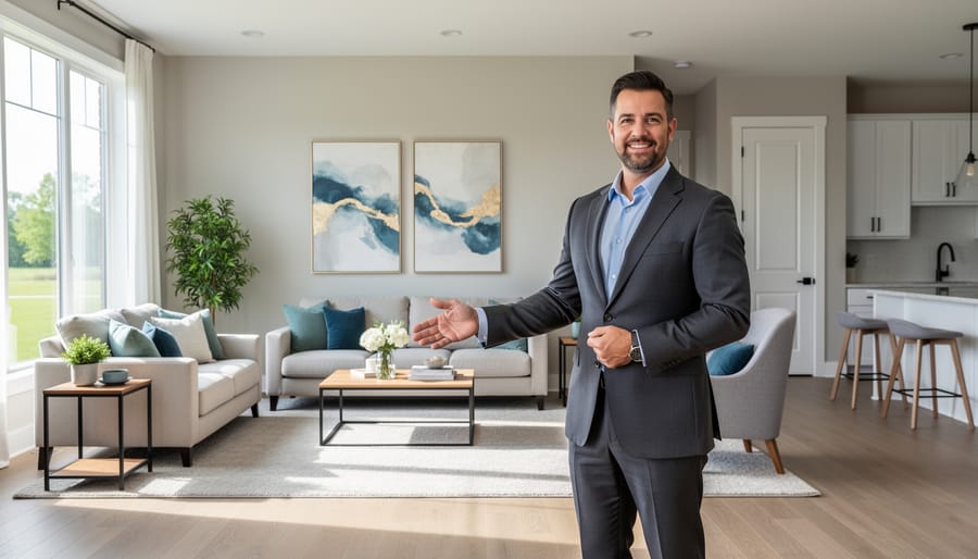 Real estate agent holding a tablet while standing in a bright staged room.