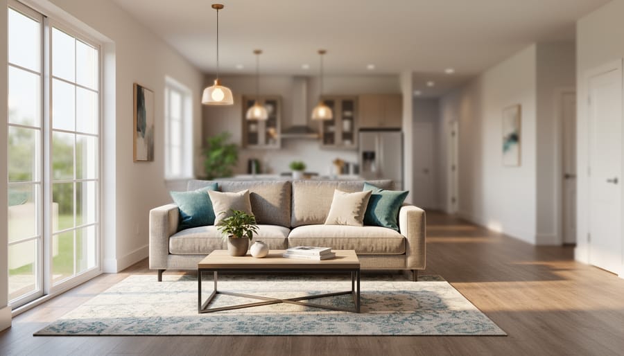 “A bright living room staged with realistic furniture and decor, illuminated by soft daylight, representing AI virtual staging transforming an empty home.”