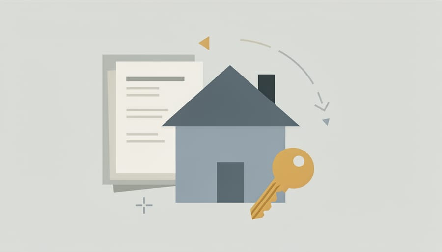Close-up of a key placed on closing paperwork on a table, with blurred handshake and home shapes in the background.
