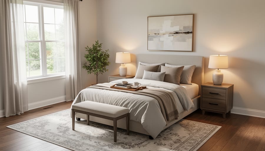 Modern styled bedroom with neatly arranged bed, nightstands, and floor lamp.