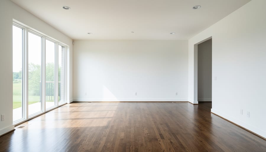 Bright empty living room with large windows and unfurnished space.