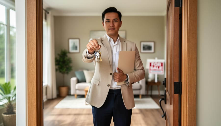 Person holding keys and estate paperwork while standing in a bright house doorway, indicating preparation to manage and sell an inherited property.