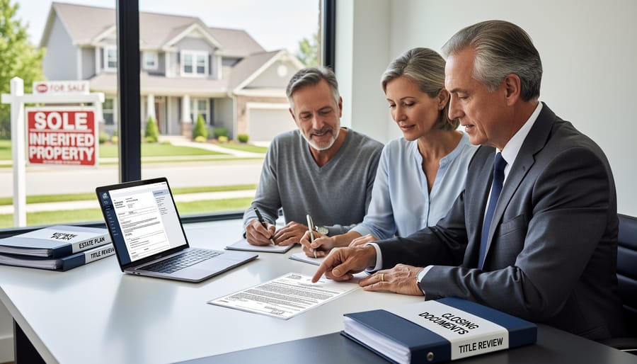 Attorney-like person reviewing legal documents with pen near an heir in a home interior.
