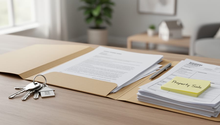 House keys and a folder of important papers resting on a desk beside a small framed photograph.